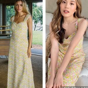 With Jean LouLou Floral Maxi Dress Long Sleeveless sz L Pansies Lou Lou